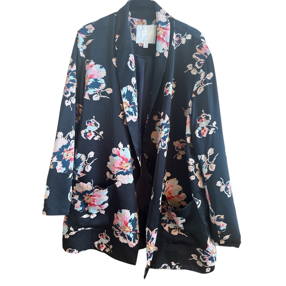 Anthropologie Ettitwe Tea Silky Open Woman's Black Pink Floral Lined Jacket